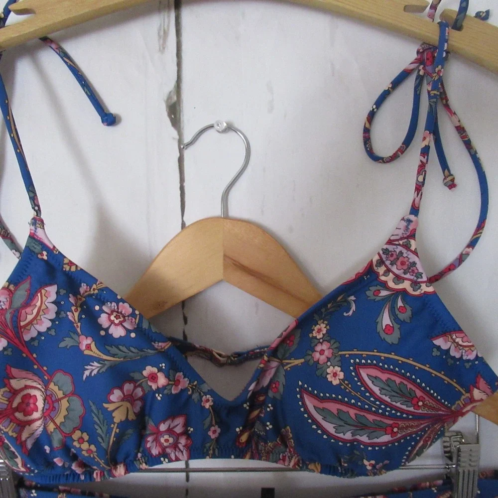 J Crew Bikini S Swimsuit Top Bottom Blue Floral Print Triangle Retro Boho